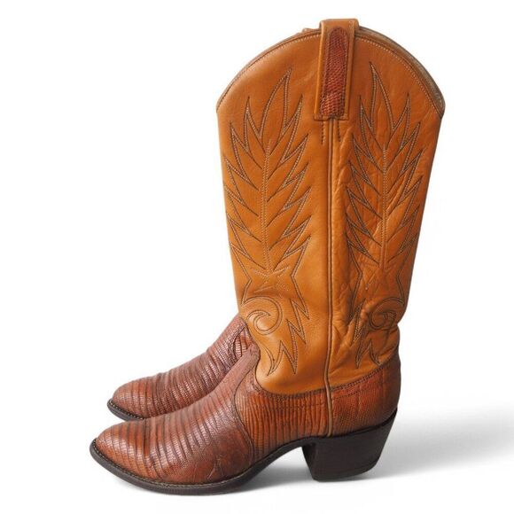 Dan Post Vintage Teju Lizard Western Cowboy Cowgirl Boots Peanut Brown Women 7C - Picture 2 of 12
